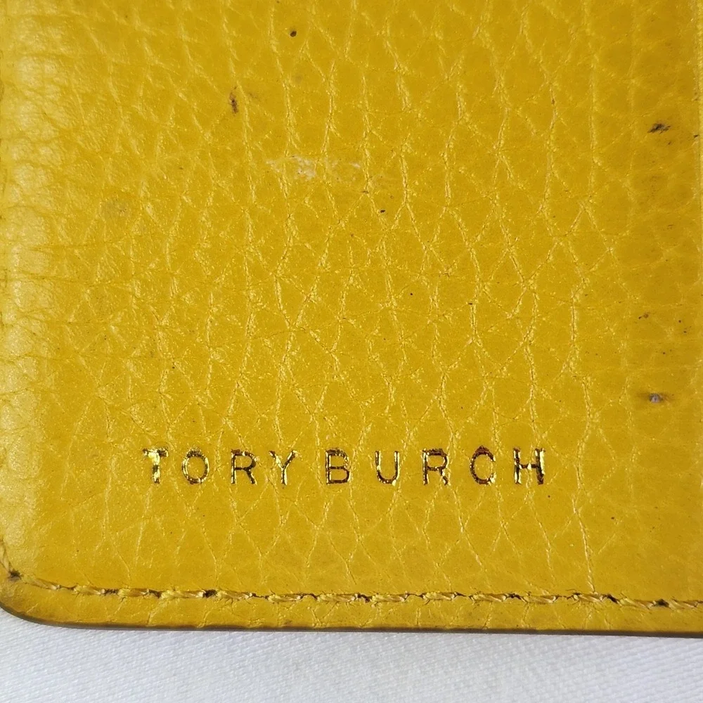 Tory‎ Burch Women Wallet Bifold Big Logo Leather Yellow Round Zip Britten Mini